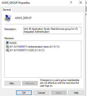 ASWS_GROUP properties showing members ASWS, NT AUTHORITY Authenticated Users and NT AUTHORITY IUSR