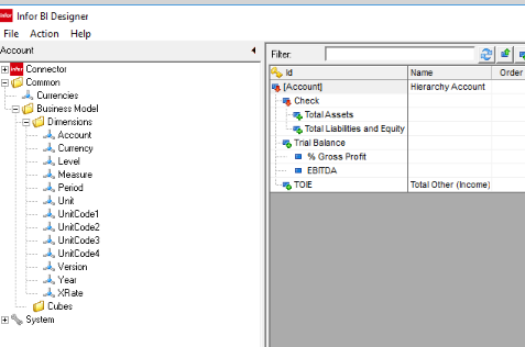 Infor BI Designer dimension list showing Account, Currency, Level, Measure, Period, Unit, UnitCode1 to UnitCode4, Version, Year and XRate