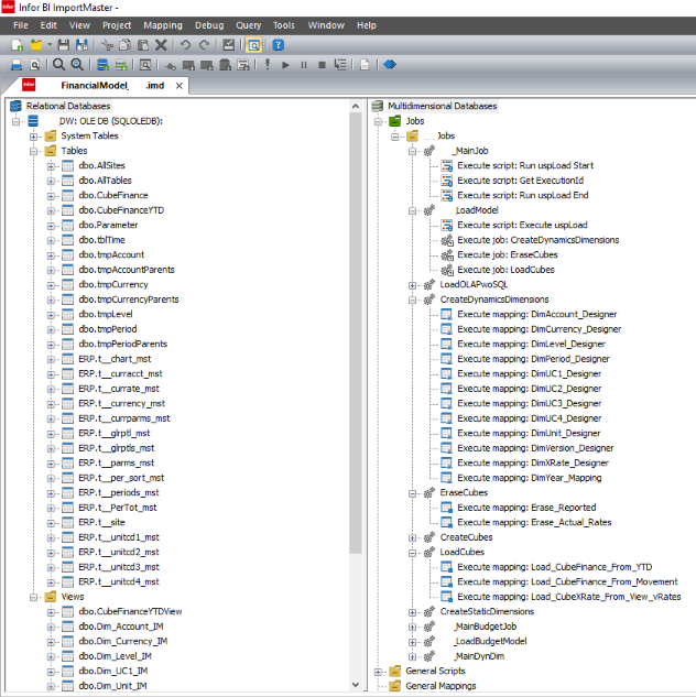 Infor BI ImportMaster job tree showing MainJob, CreateDynamicsDimensions, EraseCubes and LoadCubes