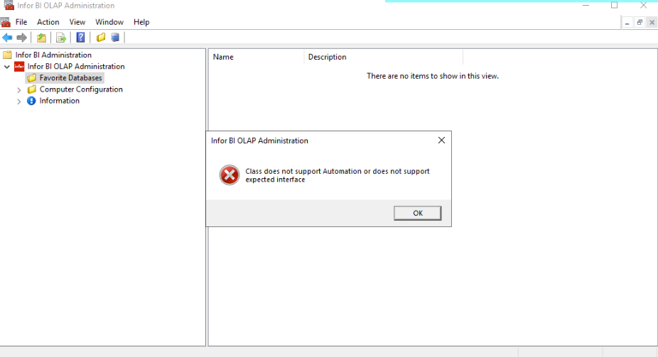 nfor BI OLAP Administration showing the error Class does not support Automation or does not support expected interface, with Favorite Databases empty
