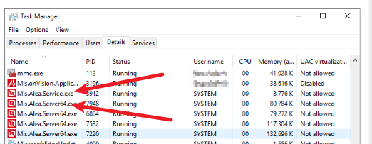 Windows Task Manager Details tab showing Mis.Alea.Service.exe and Mis.Alea.Server64.exe processes running as SYSTEM