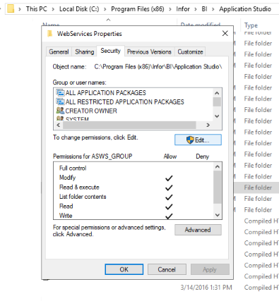 NTFS permissions for ASWS_GROUP on the Infor BI Application Studio WebServices folder