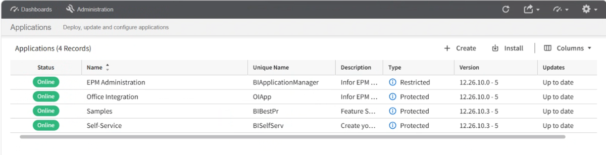 Infor EPM Administration Applications page listing four standard applications, all Online and Up to date