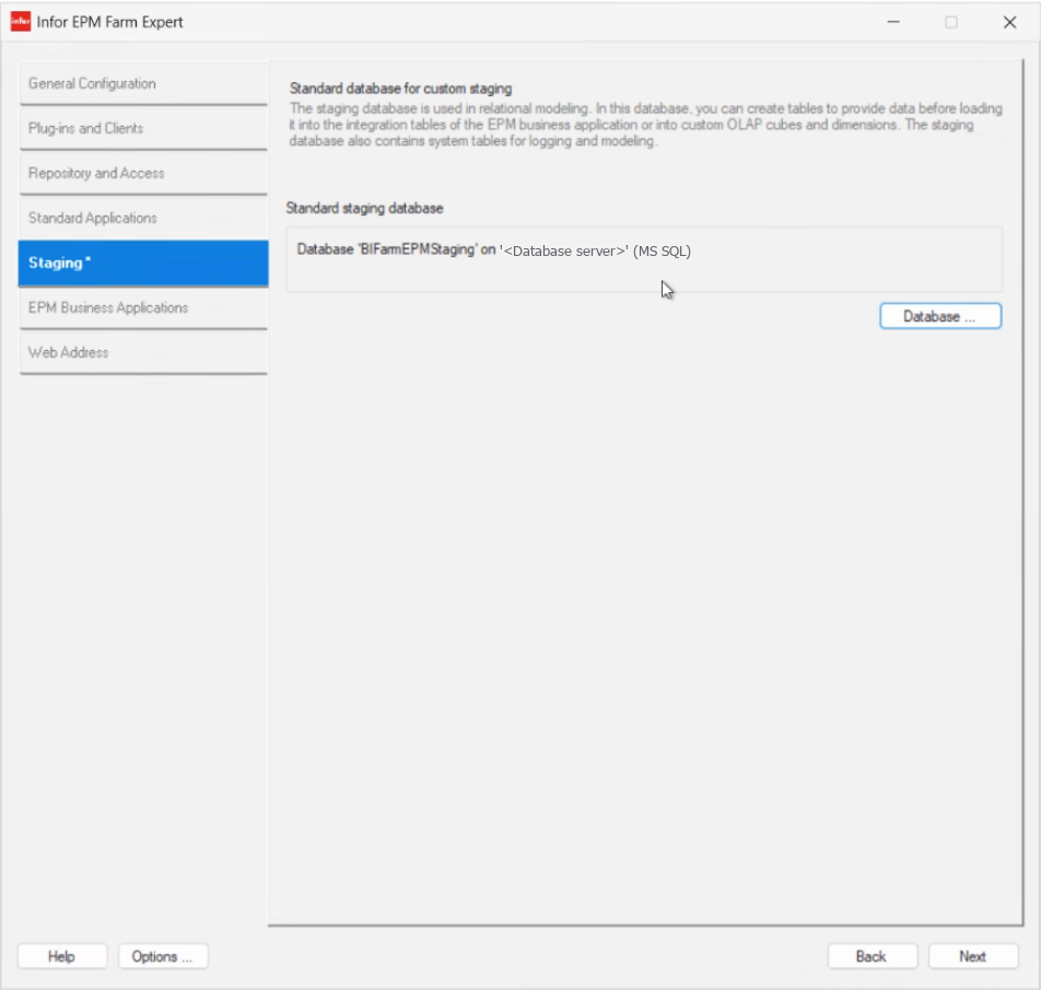 Infor EPM Farm Expert Staging page showing the standard staging database BIFarmEPMStaging on the Database server