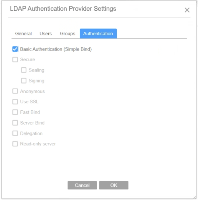 LDAP Authentication Provider Settings, Authentication tab with Basic Authentication (Simple Bind) ticked and every other option greyed