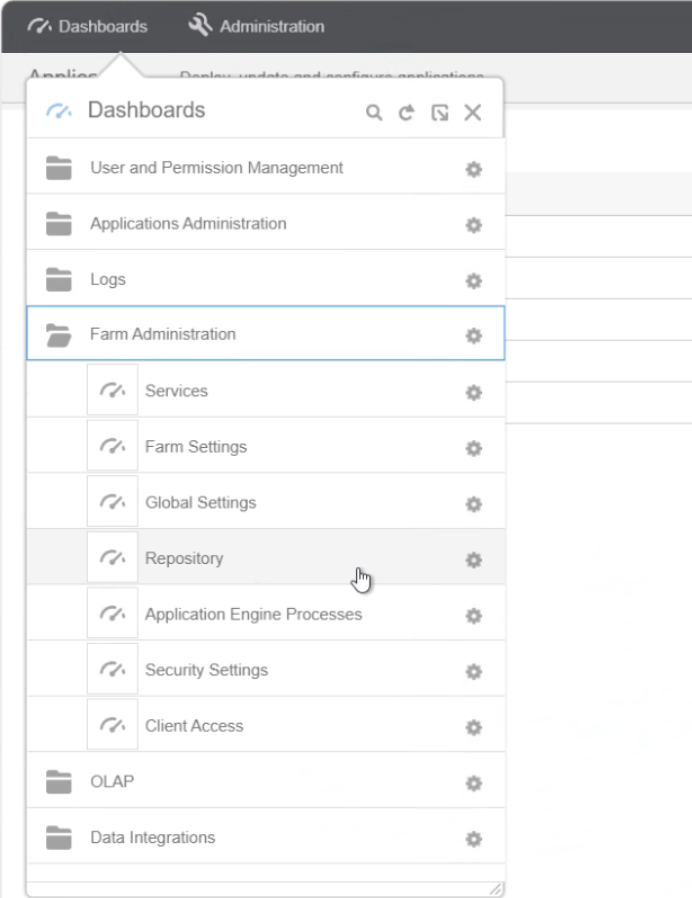 Infor EPM Administration Dashboards menu with Farm Administration expanded and the pointer on Repository