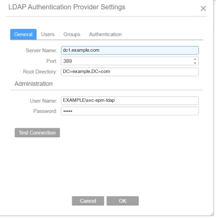 LDAP Authentication Provider Settings, General tab with example values: server dc1.example.com, port 389, root DC=example,DC=com, bind account EXAMPLE\svc-epm-ldap
