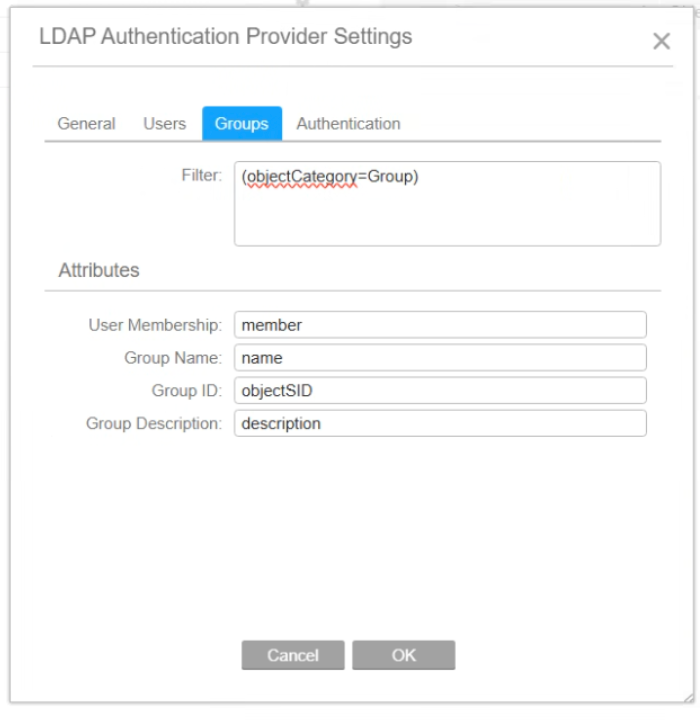 LDAP Authentication Provider Settings, Groups tab with filter (objectCategory=Group), User Membership member, Group Name name, Group ID objectSID and Group Description description