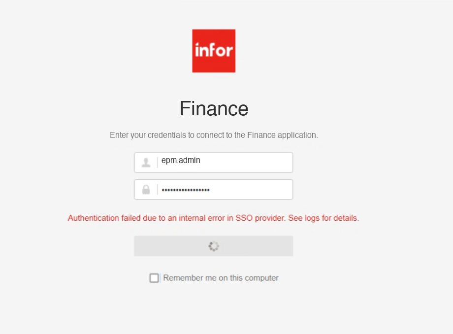 Infor EPM application sign-in page with the red message Authentication failed due to an internal error in SSO provider. See logs for details