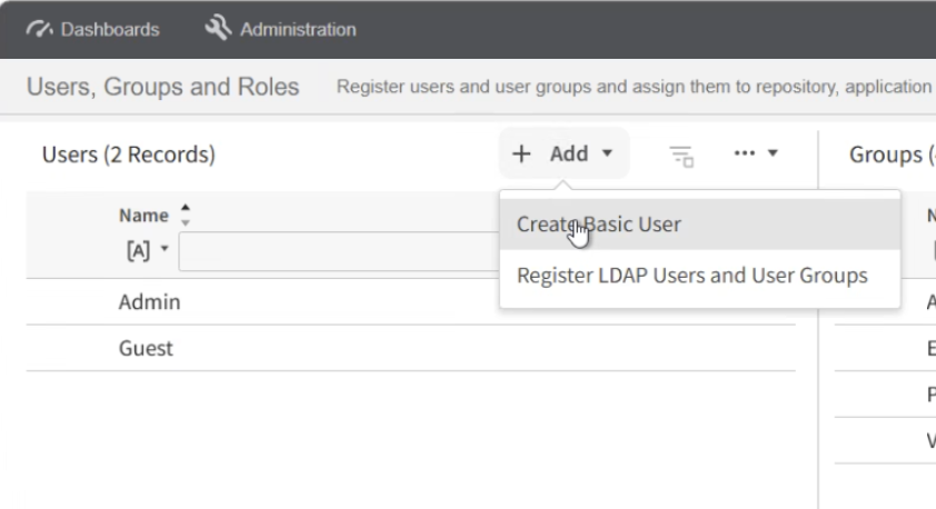 Infor EPM Users, Groups and Roles page with Users Admin and Guest and the Add menu open on Create Basic User and Register LDAP Users and User Groups