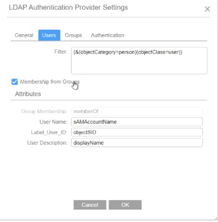 LDAP Authentication Provider Settings, Users tab with the person filter, Membership from Groups ticked, Group Membership memberOf greyed, User Name sAMAccountName, Label_User_ID objectSID and User Description displayName
