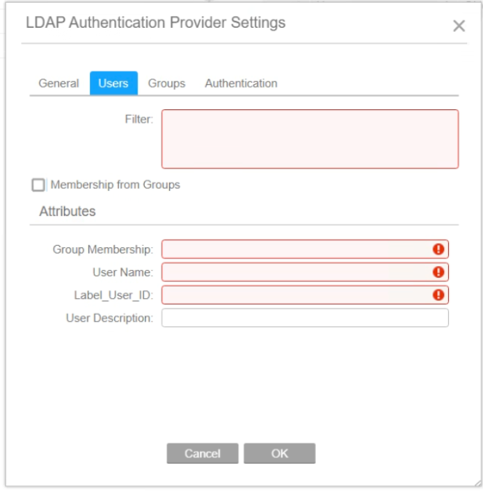 LDAP Authentication Provider Settings, Users tab with Filter, Group Membership, User Name and Label_User_ID outlined in red as required
