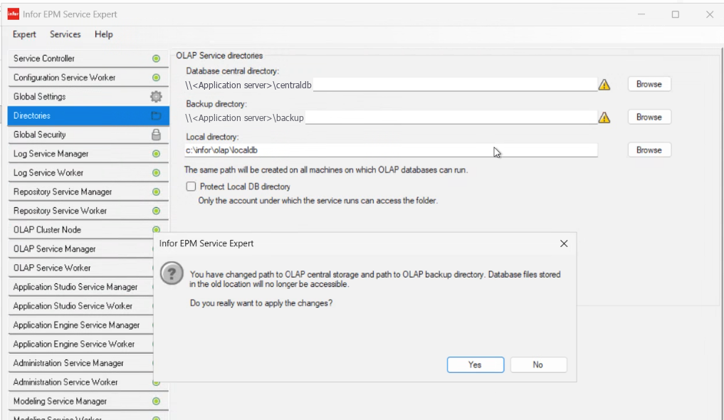 Infor EPM Service Expert confirmation asking whether to apply the changed OLAP central storage and backup paths, with Yes and No buttons
