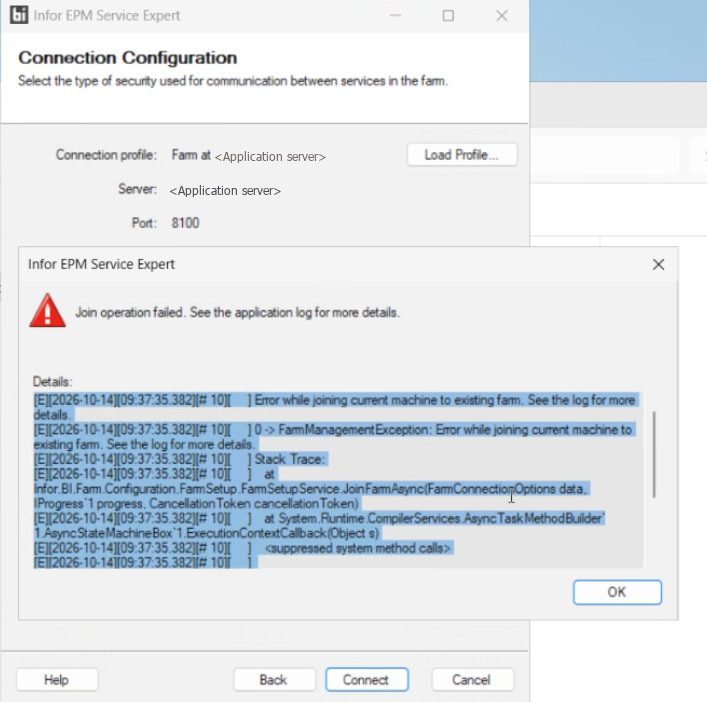 Infor EPM Service Expert error dialog reading Join operation failed. See the application log for more details, with the log lines in the Details pane