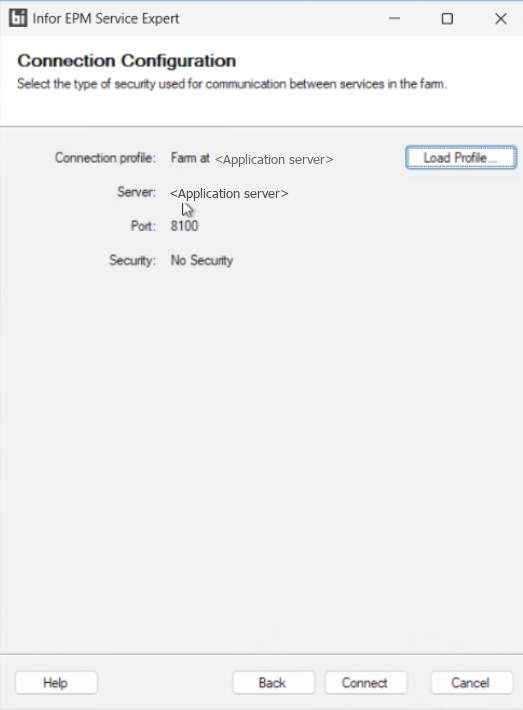 Infor EPM Service Expert Connection Configuration on the OLAP server after Load Profile, showing the Application server, port 8100 and No Security