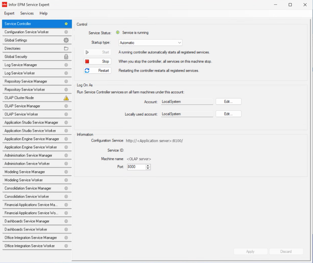 Infor EPM Service Expert console on the OLAP server after the join: Service Controller running, LocalSystem account, port 8000, other services grey and not registered