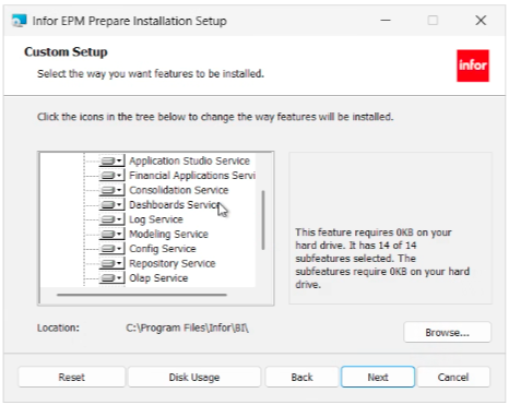 Infor EPM Prepare Installation Setup, Custom Setup page with 14 of 14 subfeatures selected and the location C:\Program Files\Infor\BI\