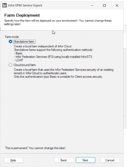 Infor EPM Service Expert Farm Deployment page with Standalone farm selected and the warning that the choice is permanent