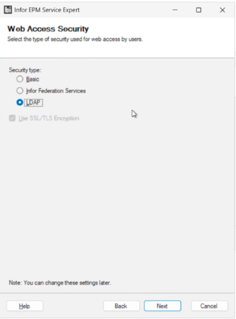 Infor EPM Service Expert Web Access Security page with LDAP selected and Use SSL/TLS Encryption ticked and greyed out