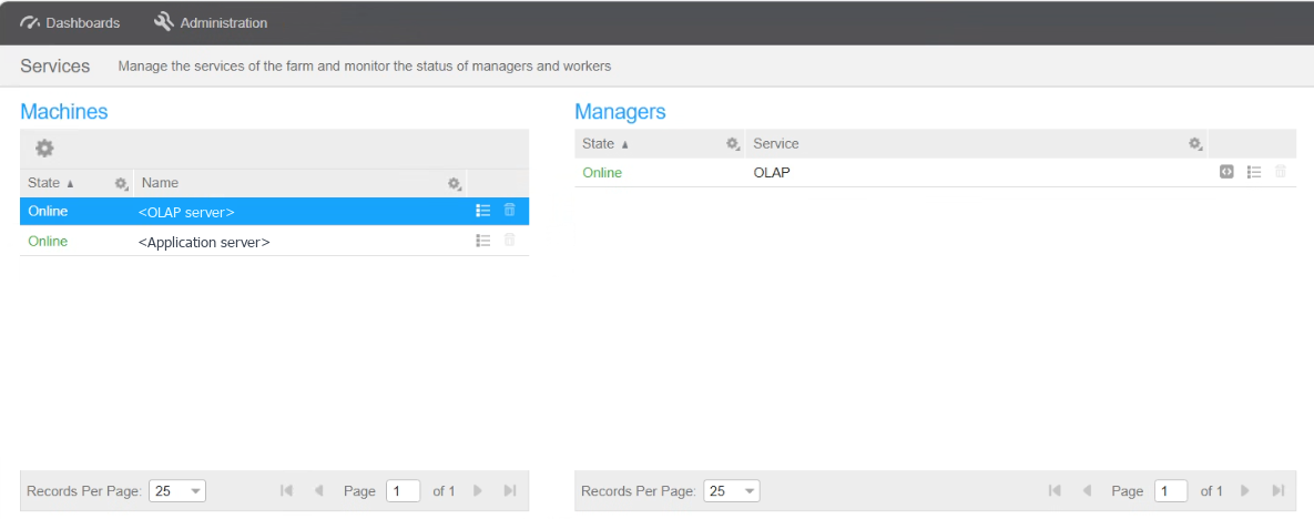 Infor EPM Administration Services dashboard with two machines Online and the OLAP server selected, its OLAP manager Online