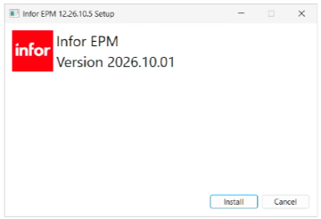 Infor EPM 12.26.10.5 Setup window showing Infor EPM Version 2026.10.01 and an Install button